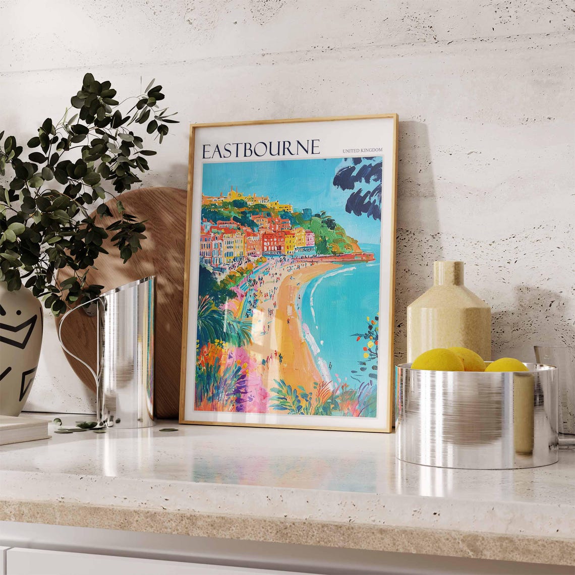 Eastbourne England Colorful Beach and Hillside Town Art Poster - Image 2