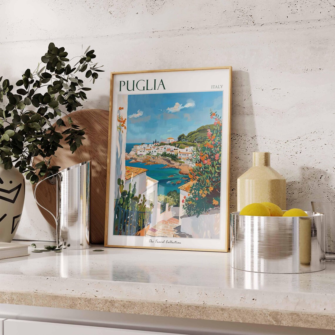 Puglia Italy White Coastal Village Blue Sea Scenic Travel Poster - Image 2