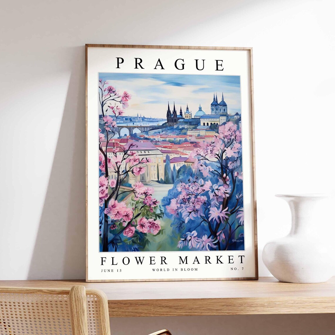 Prague Cherry Blossom City Skyline Castle Bridge Floral Travel Poster