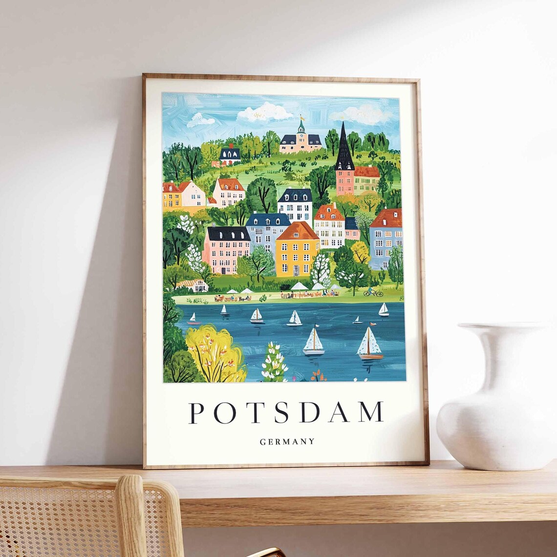 Potsdam Germany Folk Art Hill Town Sailboats Lake Scene Poster