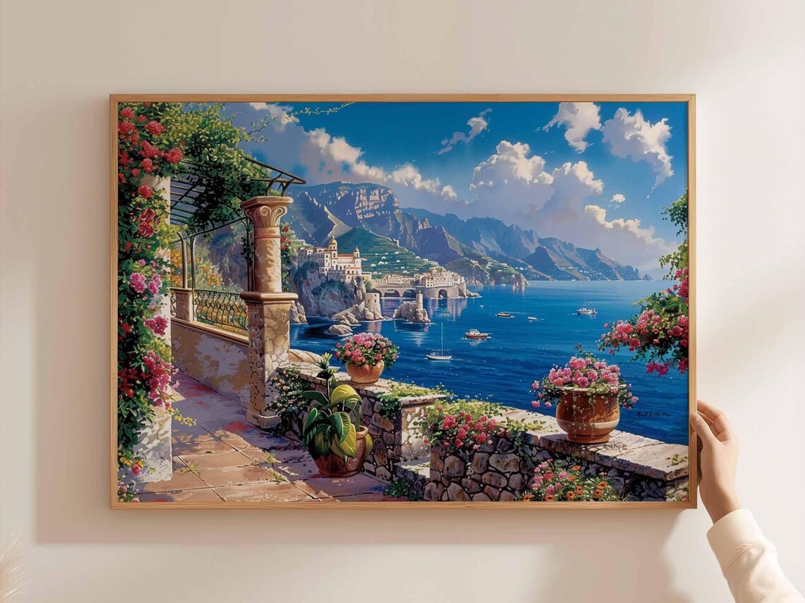 Amalfi Coast Italy Flower Terrace Overlooking Sea Town View Art Print