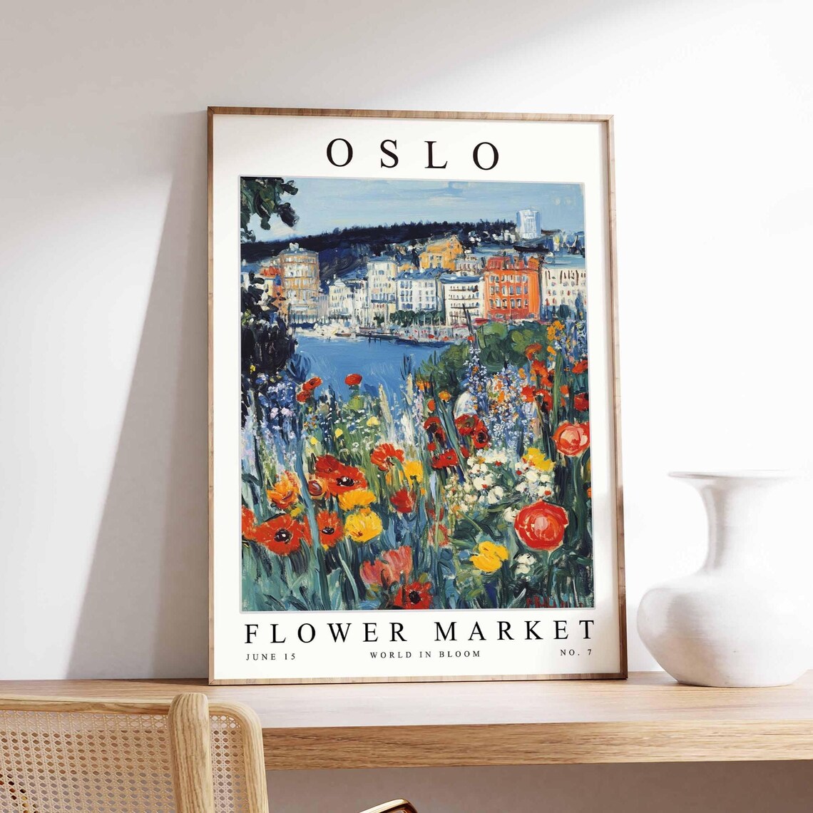 Oslo Flower Market City Rooftops Red Poppy Meadow Art Poster