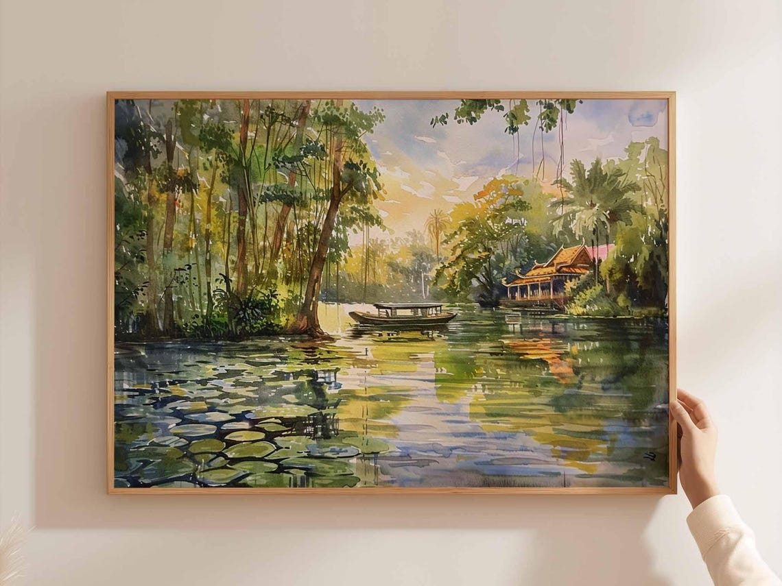 Cambodia Lotus River Boat Temple Hut Jungle Watercolor Painting Poster