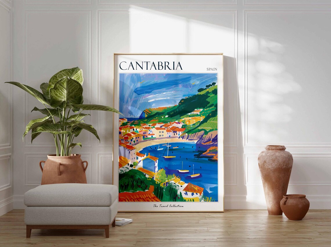 Cantabria Sunlit Bay Sailboats Old Town Coast Spain Travel Poster - Image 3