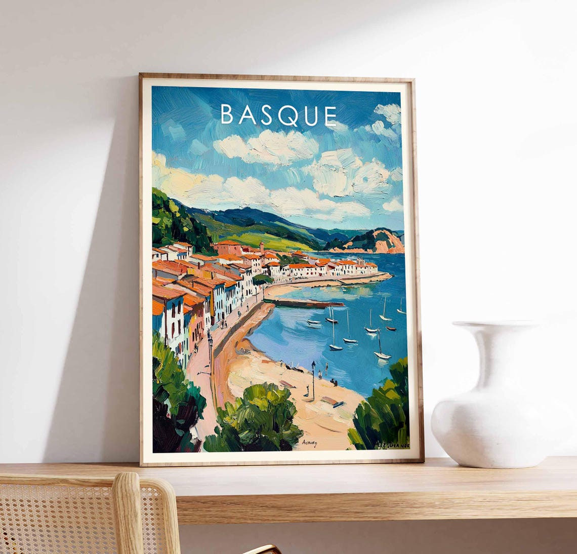 Basque Colorful Harbor Beach Sailboats Waterfront Town Poster