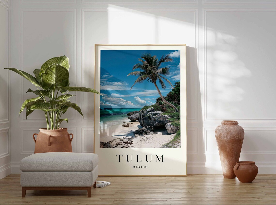 Tulum Mexico White Sand Beach Leaning Palm Rocks Caribbean Sea Poster - Image 3