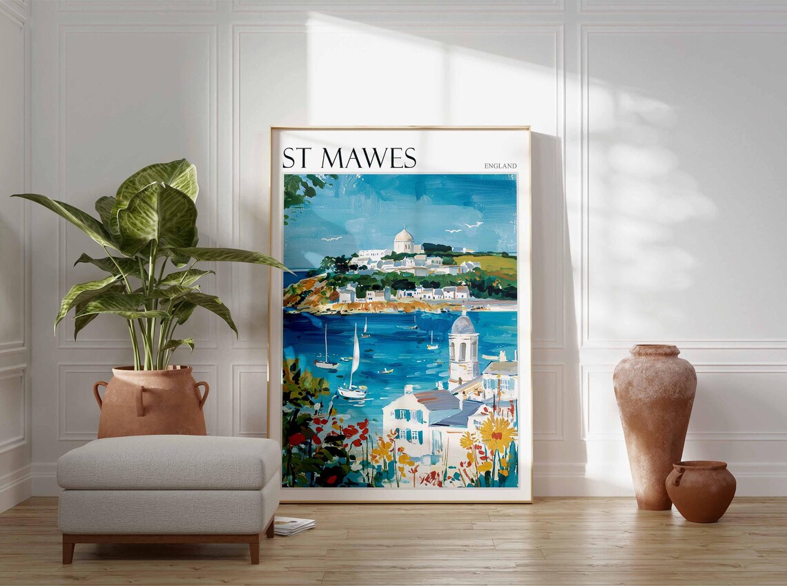 St Mawes England Sparkling Bay Sailboats and Hillside Village Vista Poster - Image 2