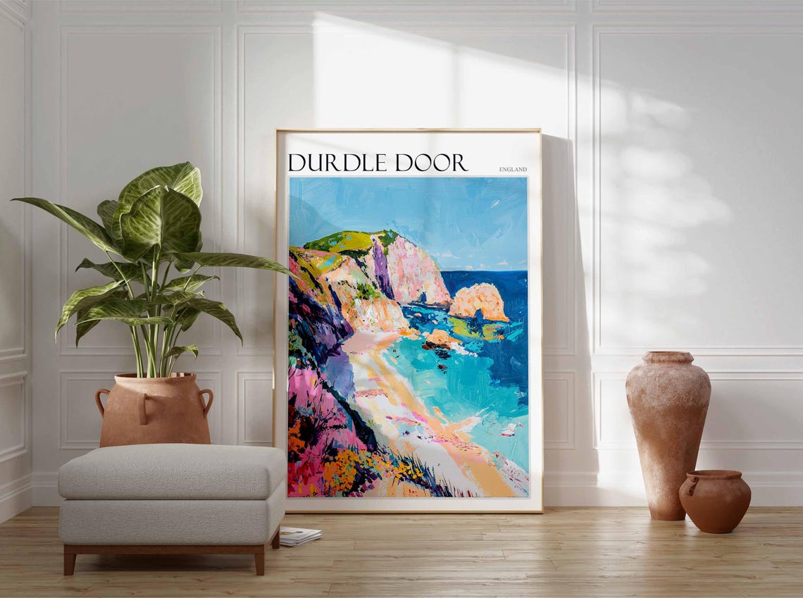 Durdle Door England Bold Colorful Cliff Coast Artwork Poster - Image 3