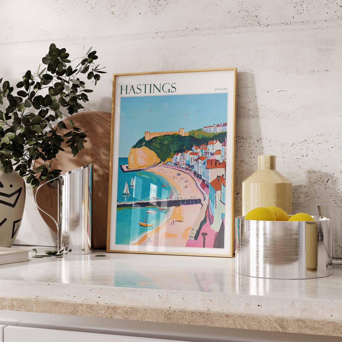 Hastings Harbor Castle Hill Sailboats Sandy Beach Historic Town Poster - Image 2