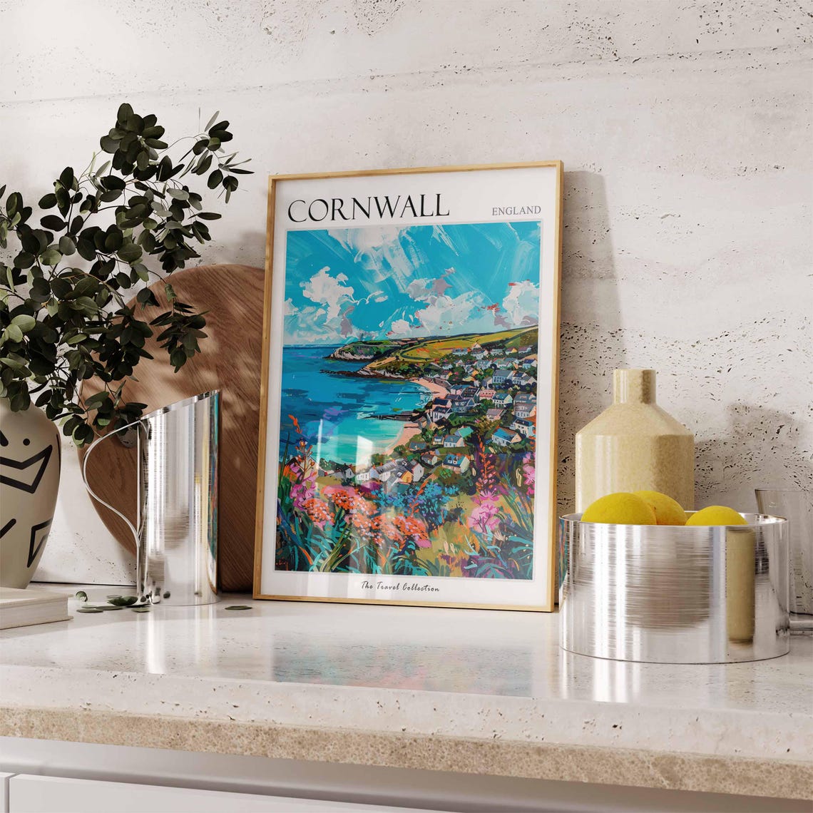 Cornwall England Coastal Town Bay Turquoise Sea Wildflowers Poster - Image 3