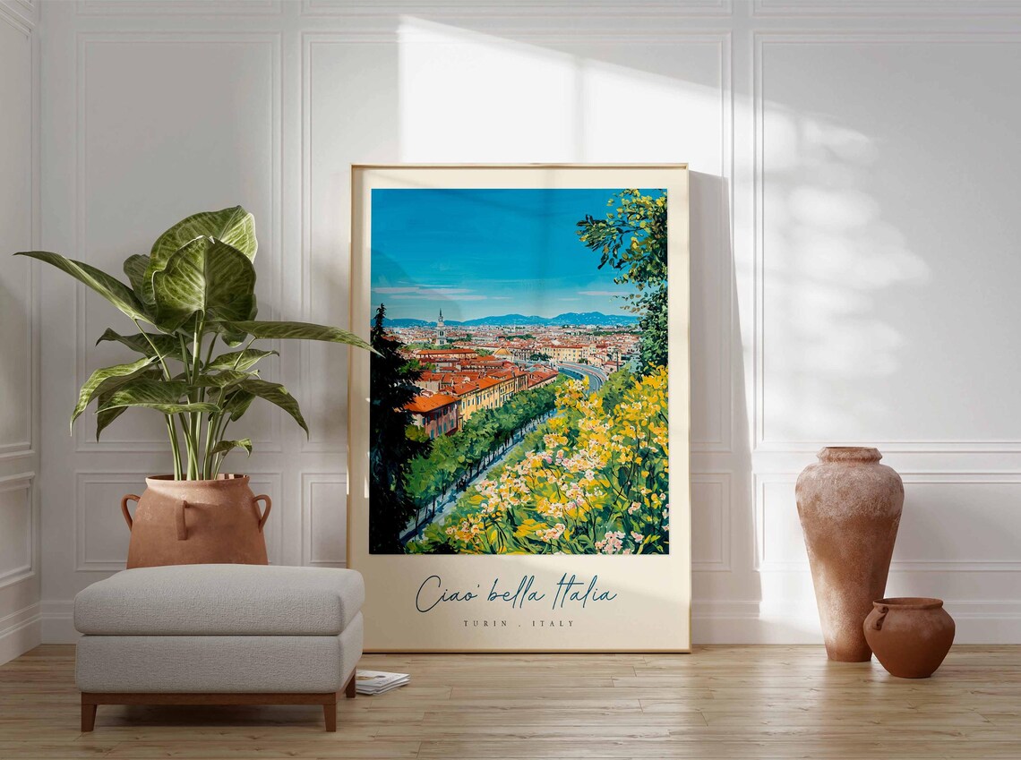 Turin Italy Cityscape Painting Yellow Blossom Trees Ciao Bella Poster - Image 3