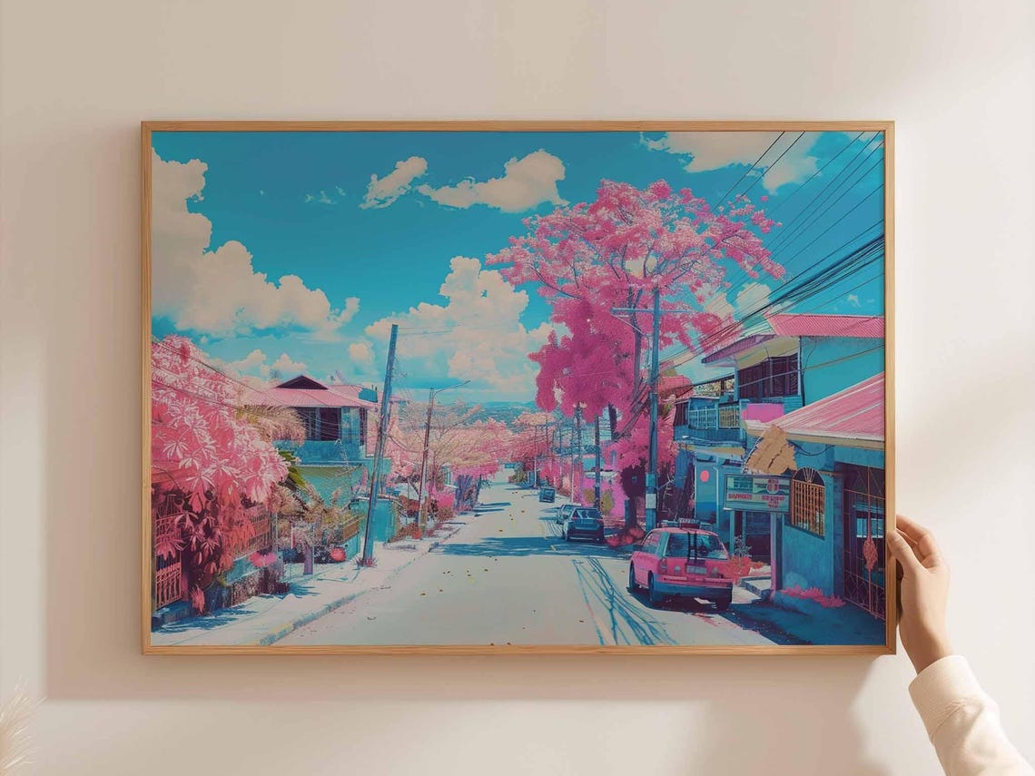 Surreal Pink Street Lined With Blossom Trees Under Blue Sky Poster