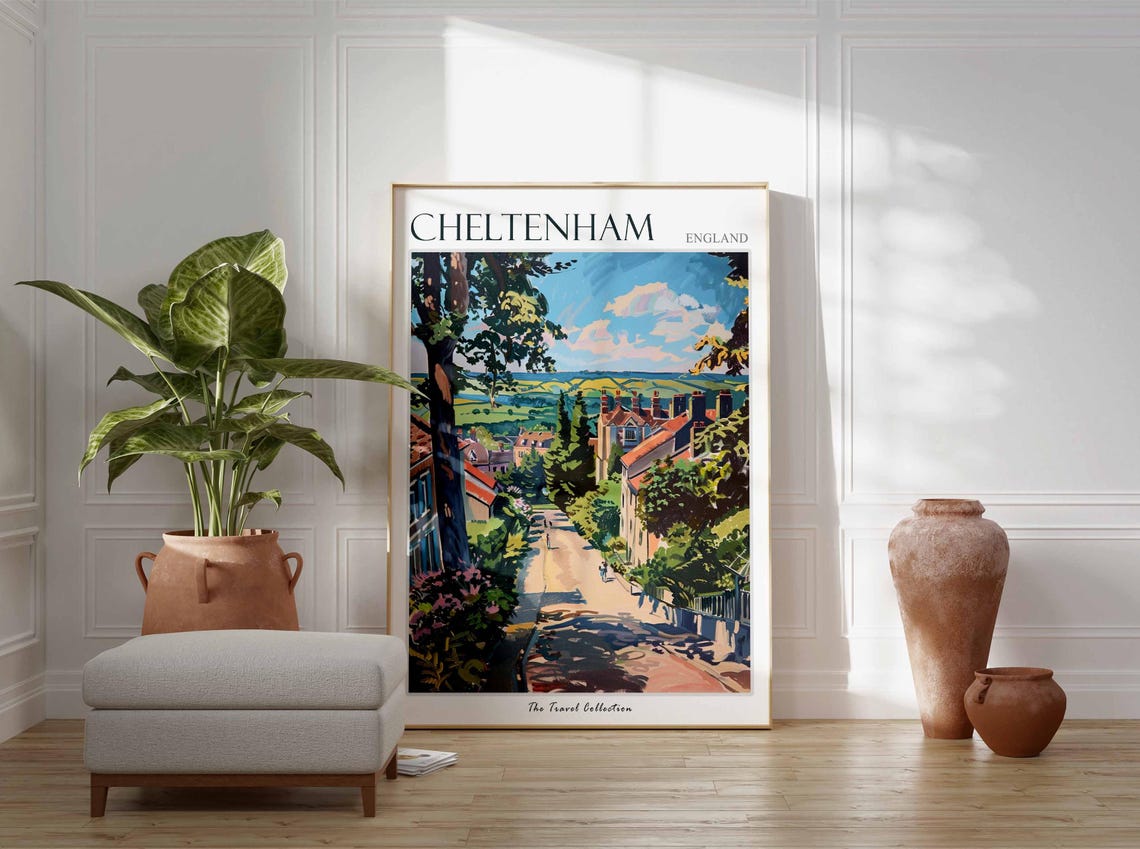 Cheltenham England Tree Lined Street Red Rooftops Hills Poster - Image 3