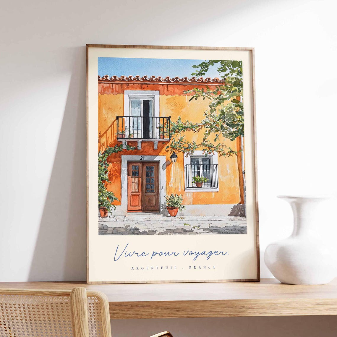 Argenteuil France Orange House Facade Sunny Watercolor Poster