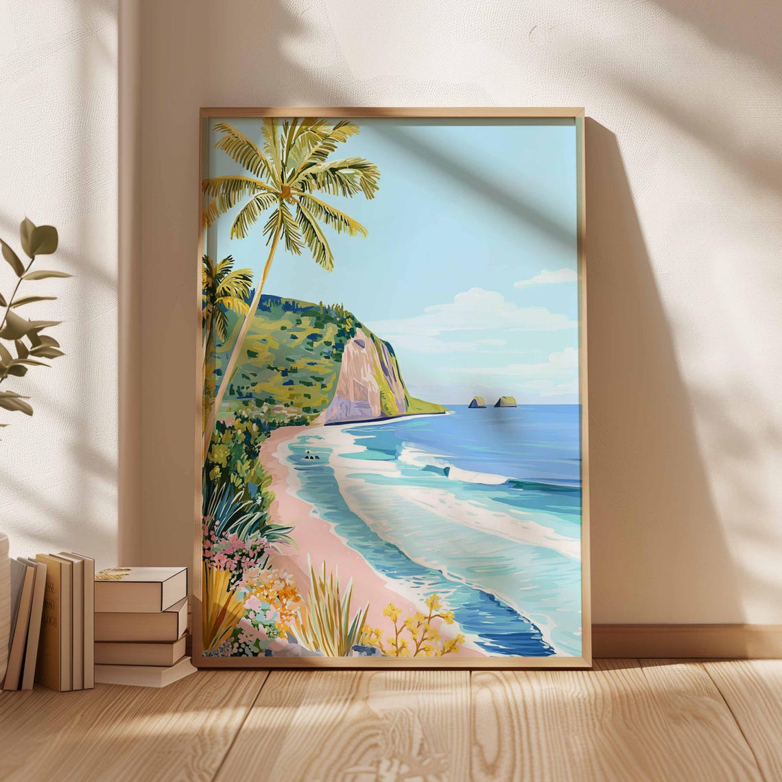 Tropical Beach With Palm Trees Pink Sand Turquoise Waves Art Poster
