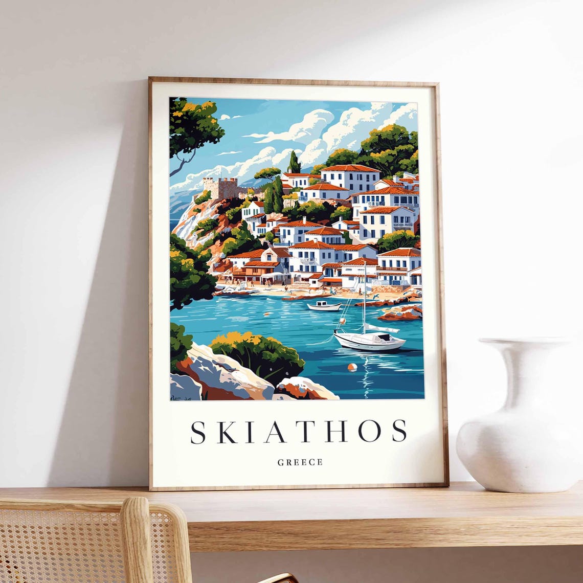 Skiathos Greece Old Harbor Sailboat Fortress Cliffside Travel Poster