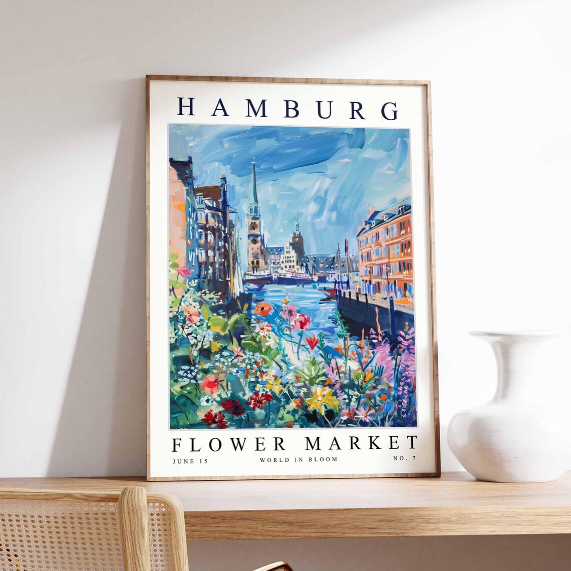 Hamburg Flower Market Old Town Canal Bridge Floral Painting Poster