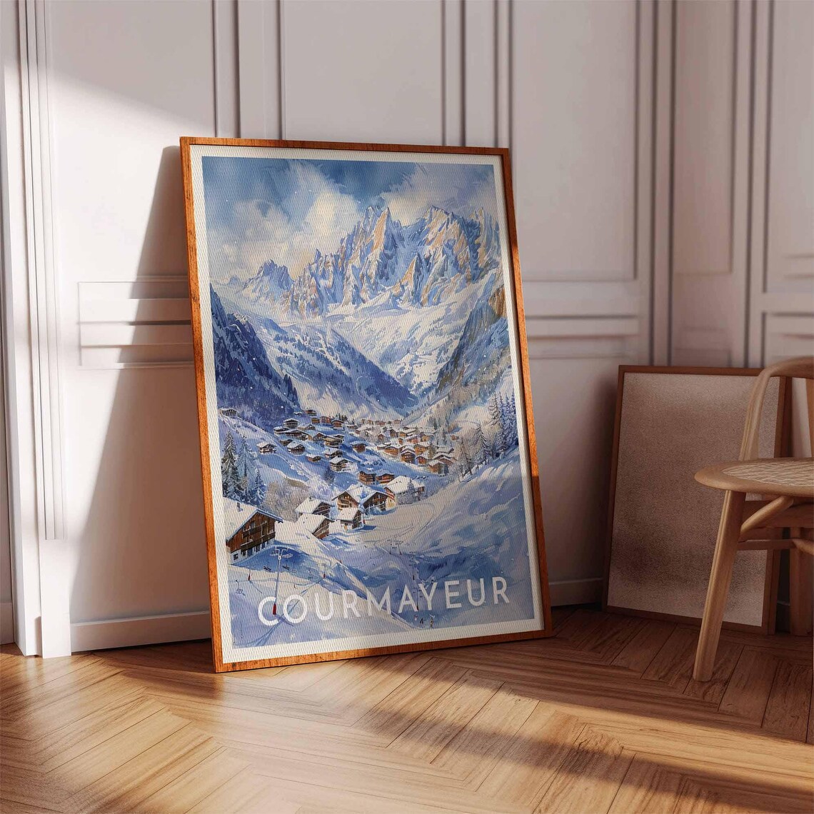 Courmayeur Italy Ski Village Snowy Mountains Watercolor Travel Poster - Image 3