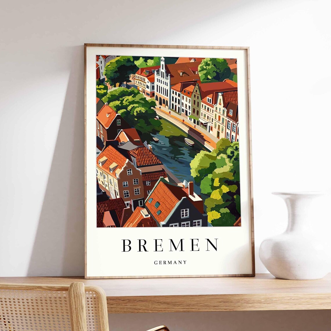 Bremen Germany Old Town Aerial Riverside Illustration Travel Poster