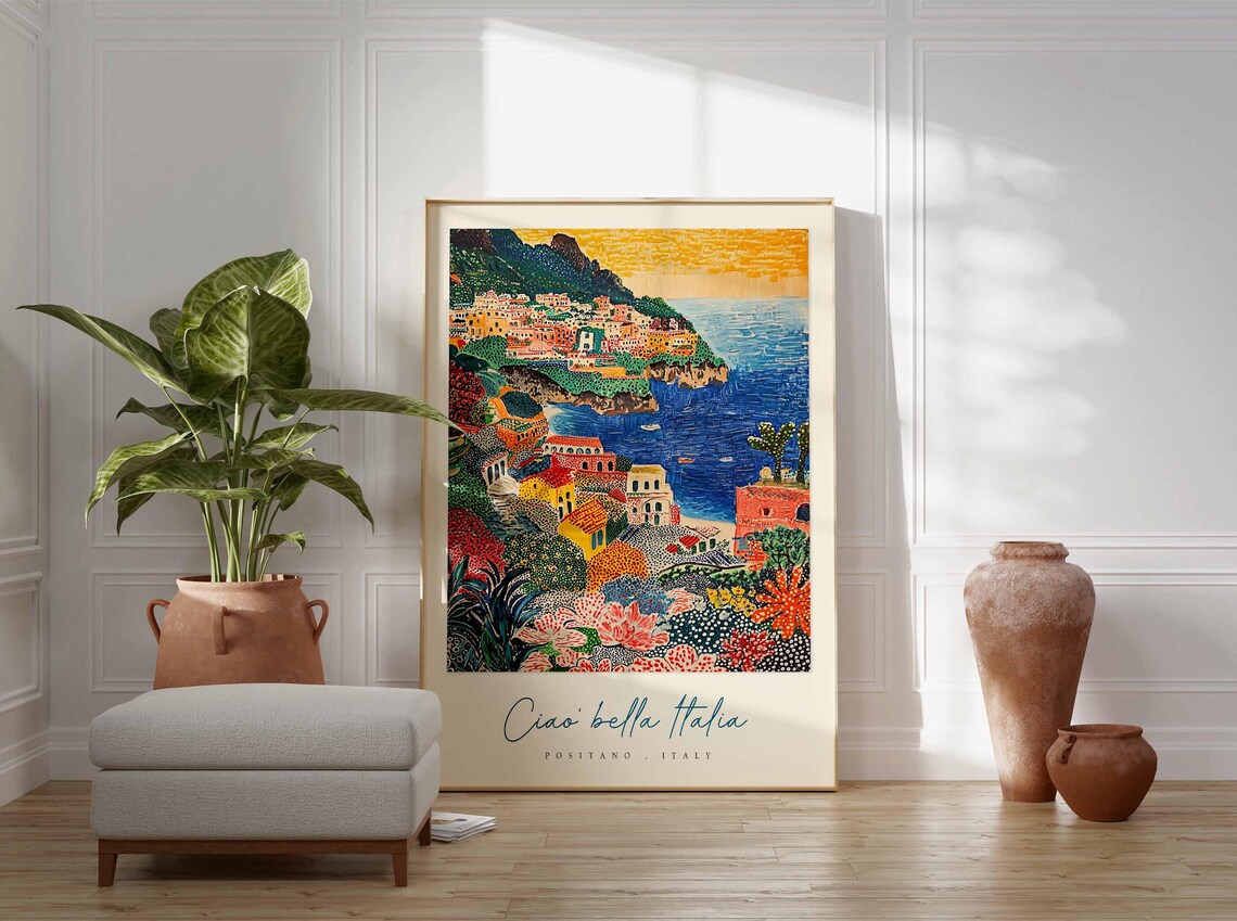 Positano Italy Sunset Hills Dotted Flower Garden Seaside Art Poster - Image 3