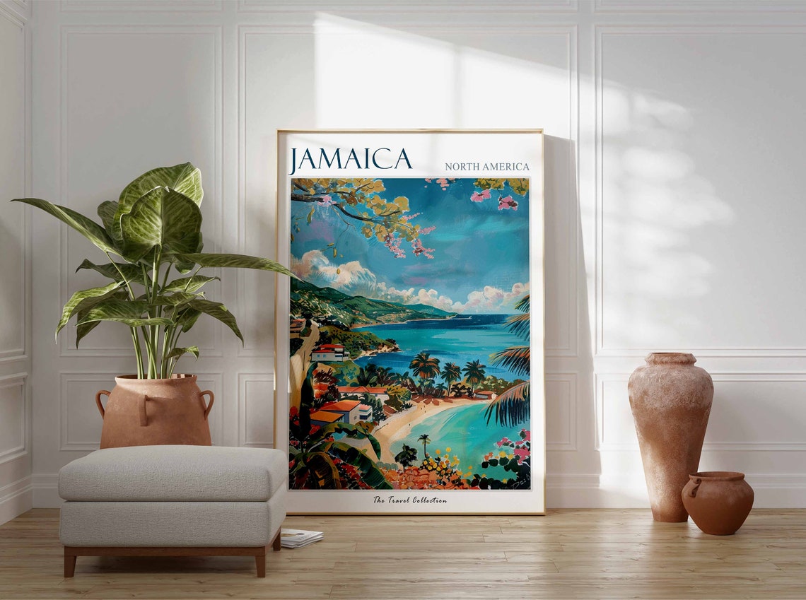 Jamaica Hillside Beach Town Palms Tropical Art Travel Poster - Image 2