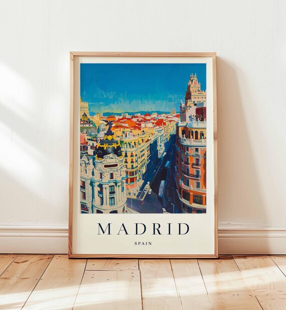 Madrid Spain Cityscape Gran Via Colorful Vintage Travel Poster