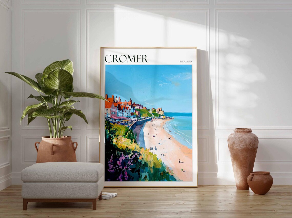 Cromer England Long Pier Stretching Toward the Town on the Cliff Poster - Image 3