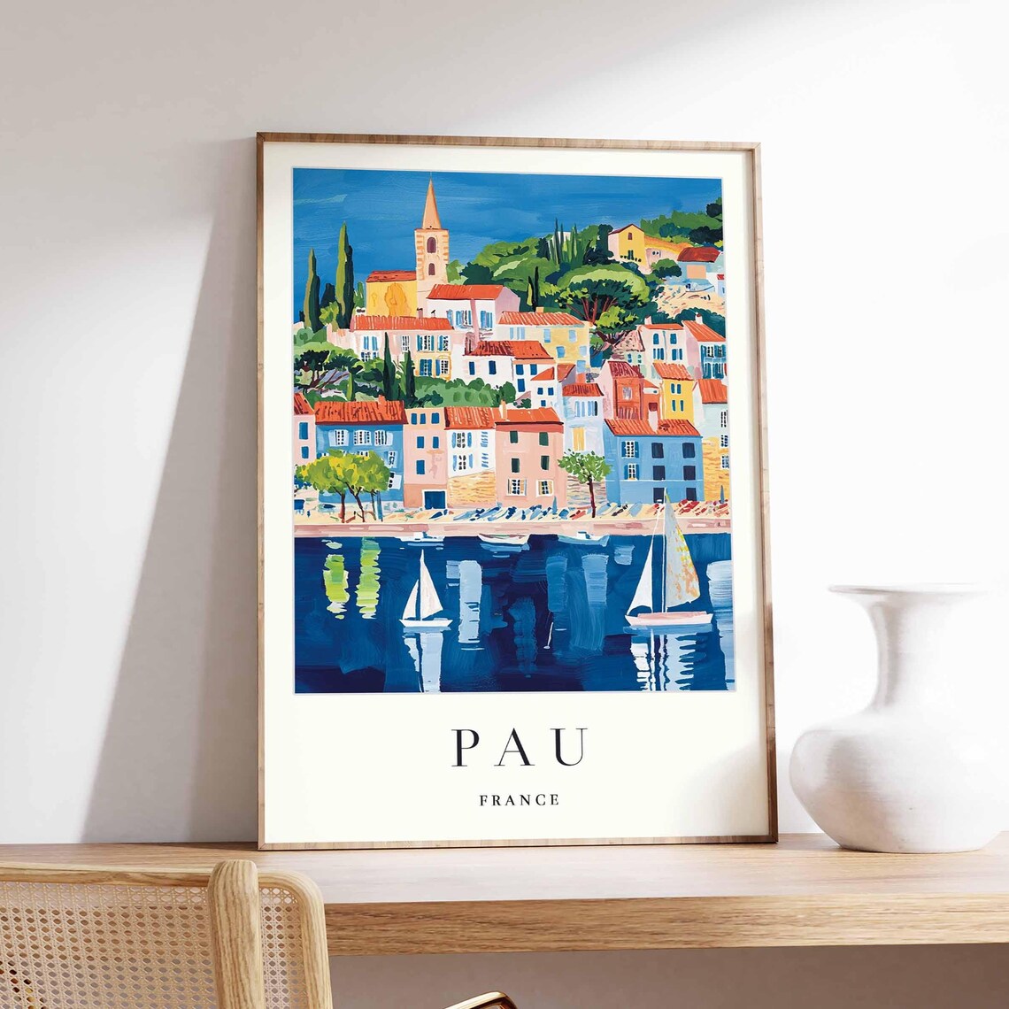 Pau France Colorful Harbor Church Sailboats Coastal Travel Poster
