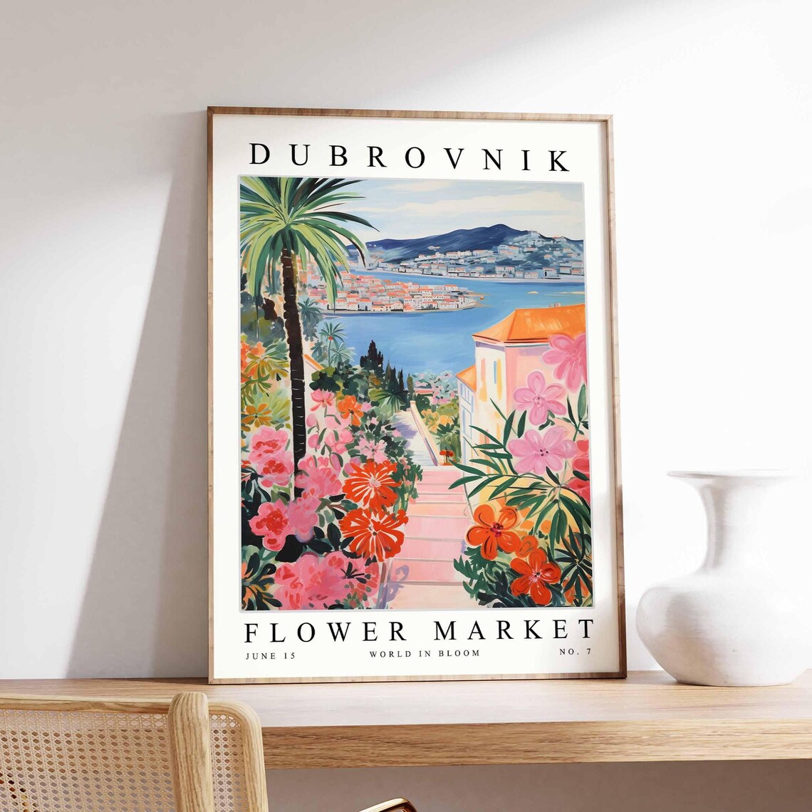 Dubrovnik Flower Market Palm Lined Pink Staircase Bloom Poster