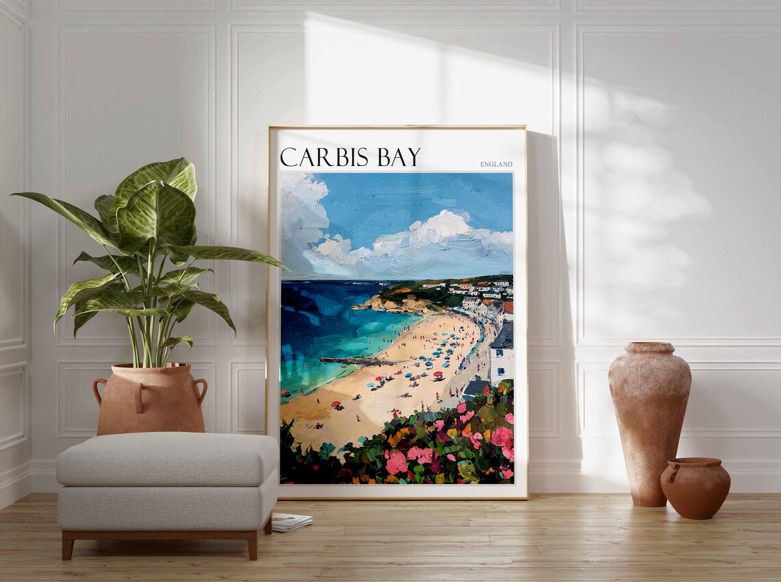 Carbis Bay England Summer Beach Umbrellas Bay View Travel Art Poster - Image 3