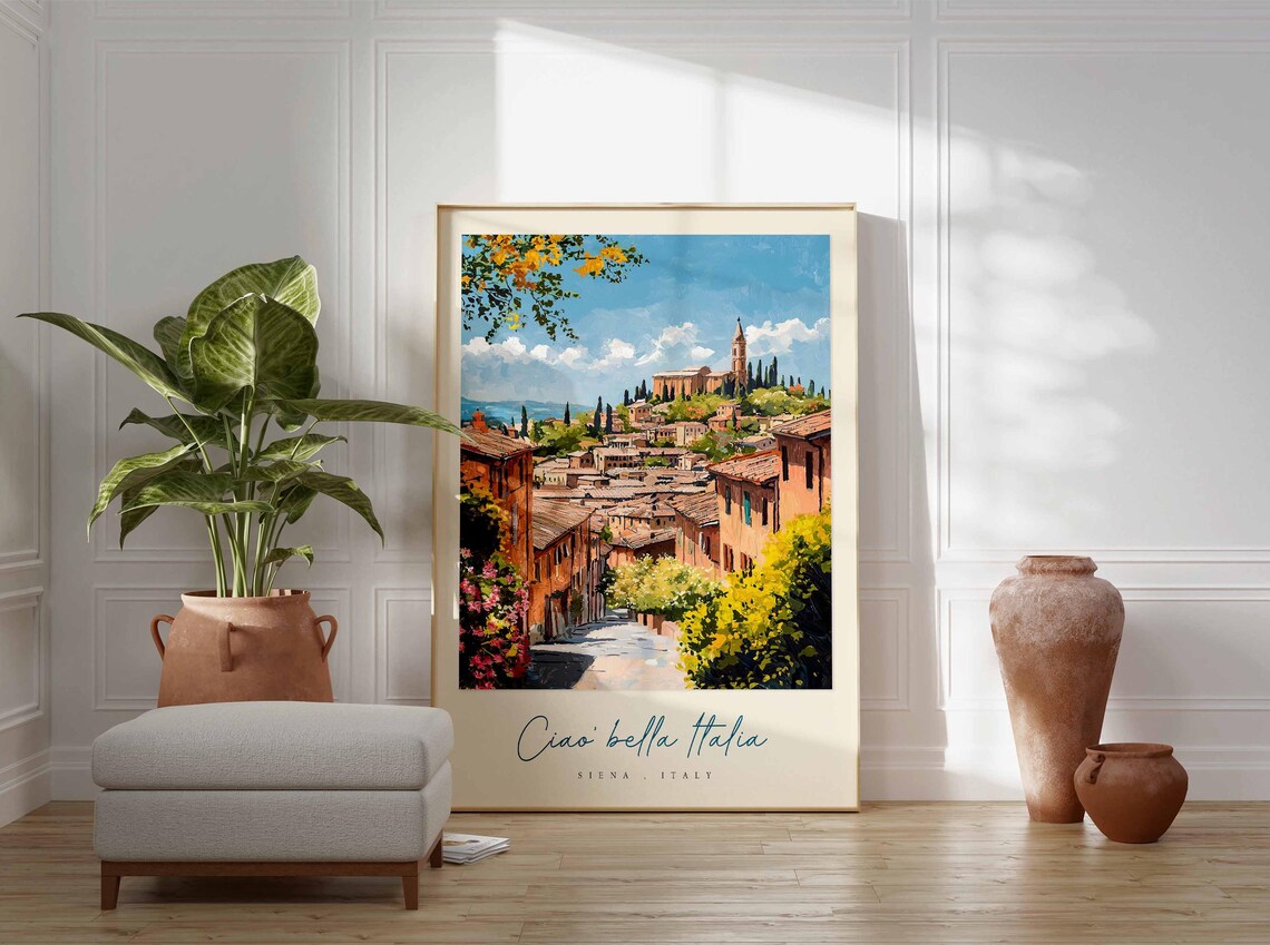 Siena Italy Flower Lined Street Hilltop Church Blossom Travel Poster - Image 3