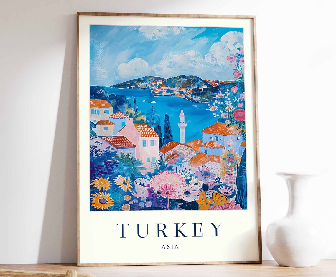 Turkey Coastal Village Minaret Blue Sea Flowers Asia Travel Poster