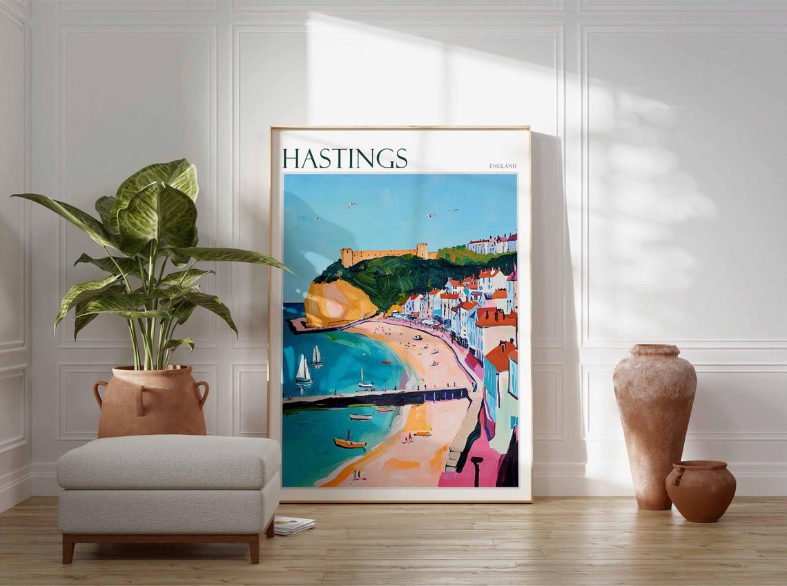 Hastings Harbor Castle Hill Sailboats Sandy Beach Historic Town Poster - Image 3