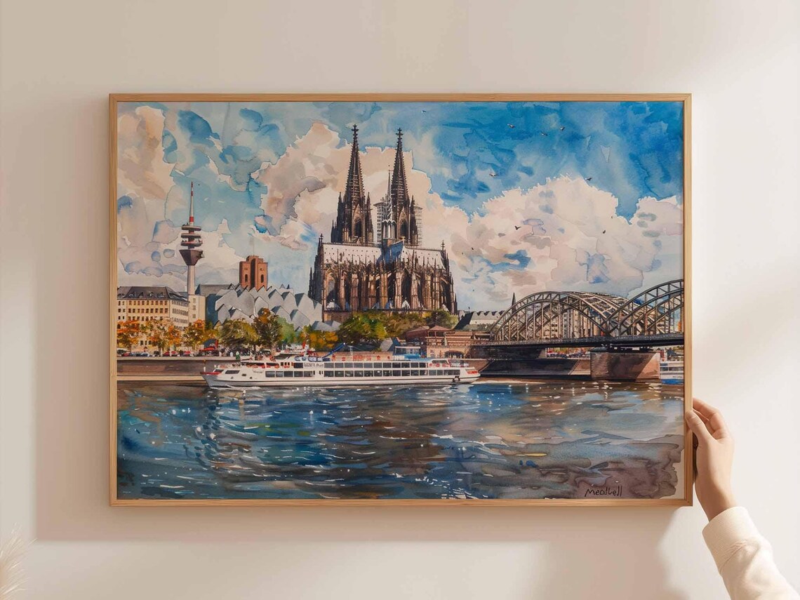 Cologne Cathedral Rhine Bridge River Cruise Ship Watercolor Poster