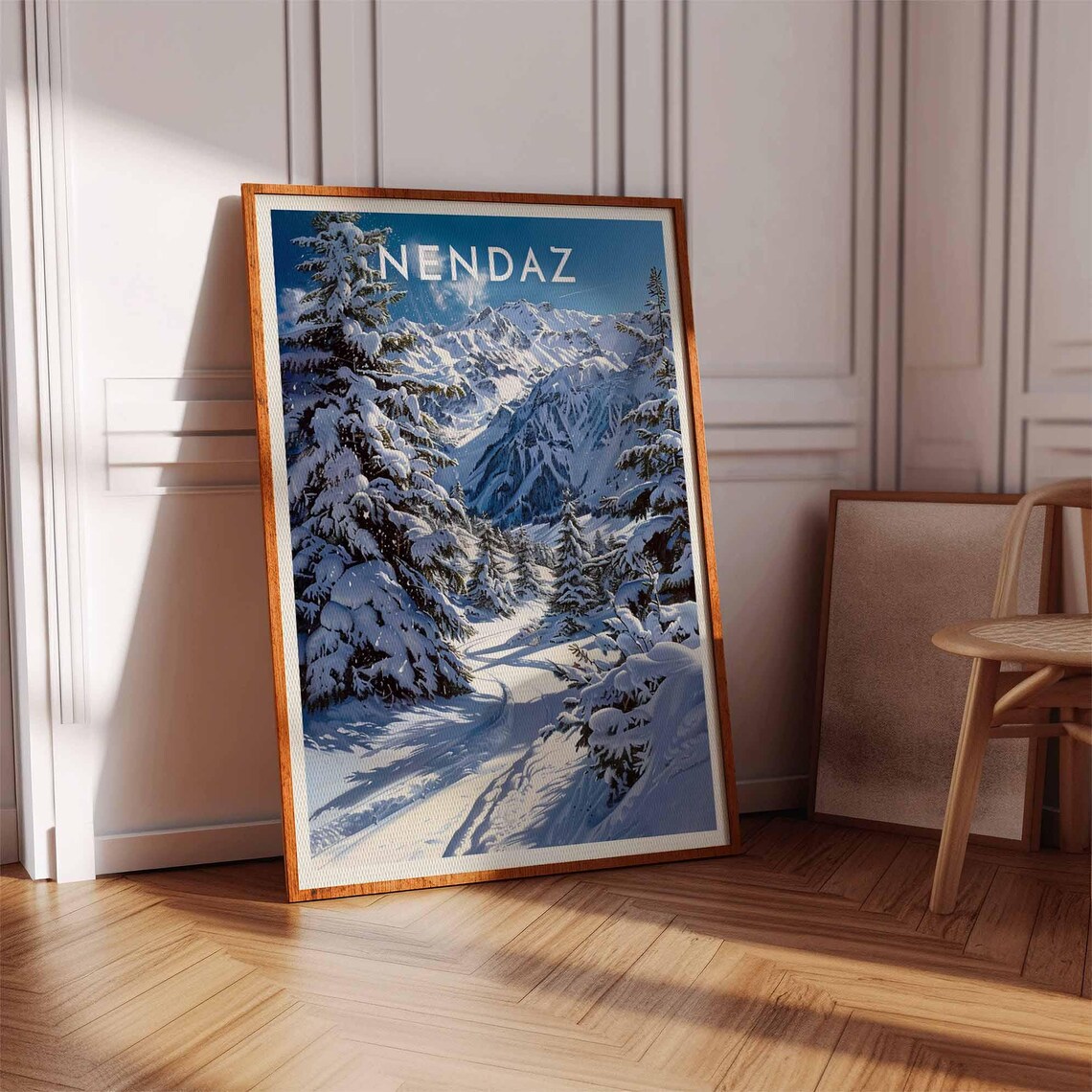 Nendaz Switzerland Snowy Trail Through Pines To Alpine Peaks Travel Poster - Image 3