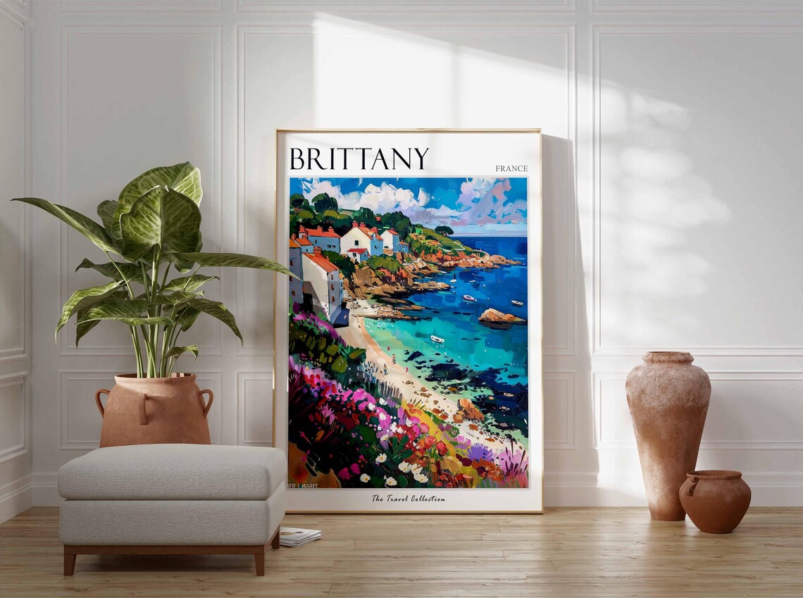 Brittany France Rocky Cove Beach White Houses Wildflower Poster - Image 3