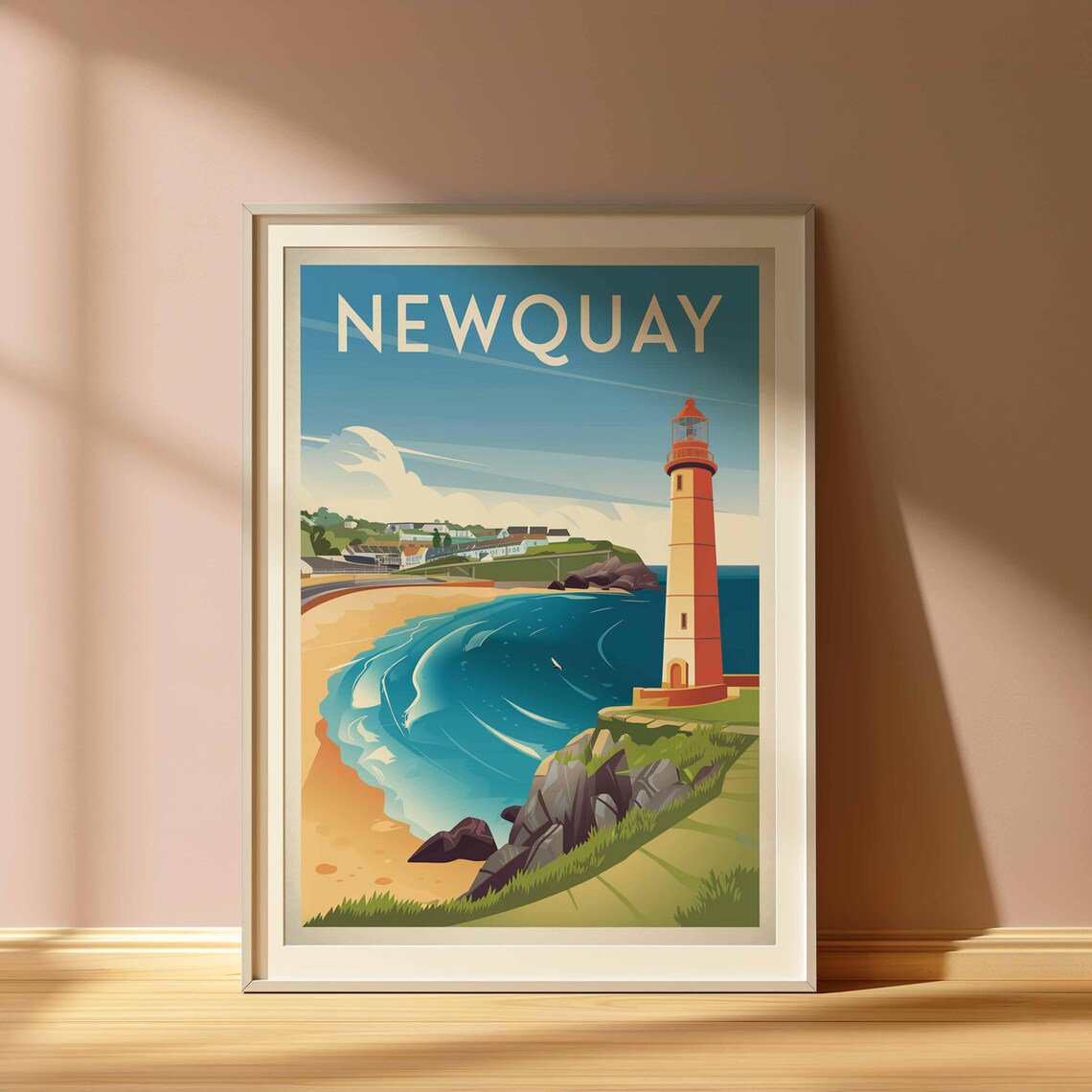 Newquay England Red Lighthouse Beach Cove Retro Travel Poster - Image 3