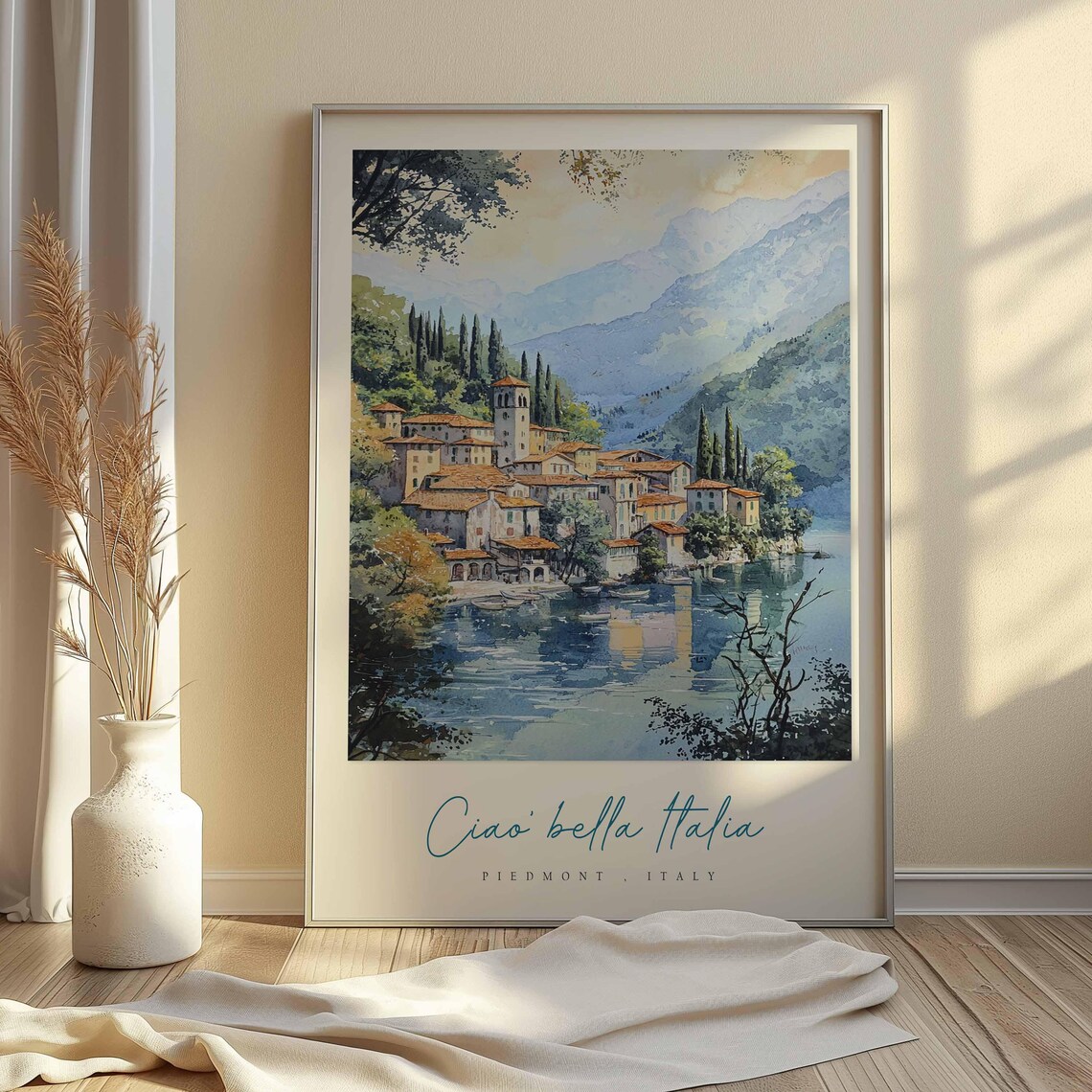 Piedmont Italy Lakeside Village Reflection Watercolor Travel Poster - Image 2