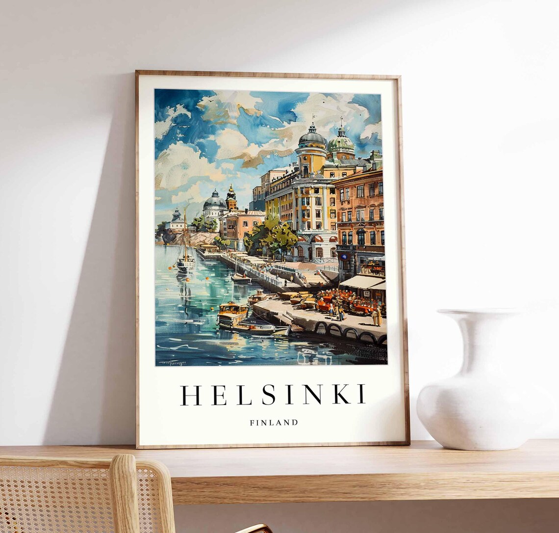 Helsinki Finland Harbor Market Square Boats View Travel Poster