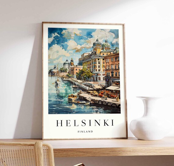 Helsinki Finland Harbor Market Square Boats View Travel Poster