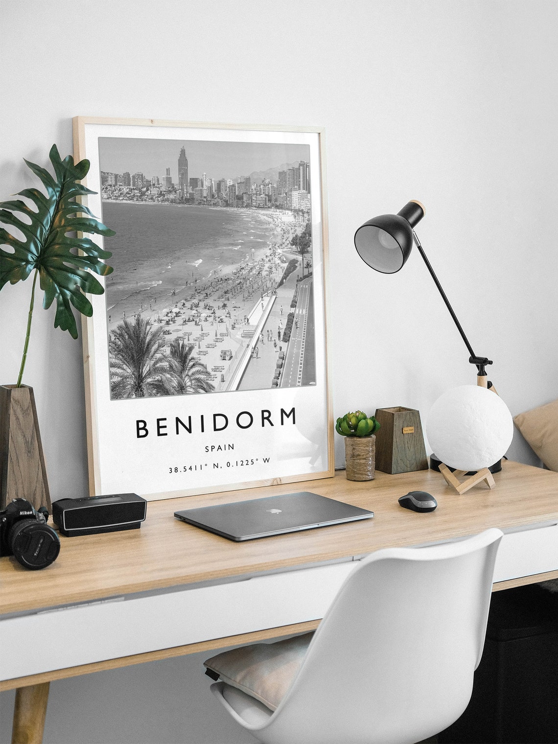 Benidorm Spain Black and White Beach Skyline City Photo Poster - Image 2