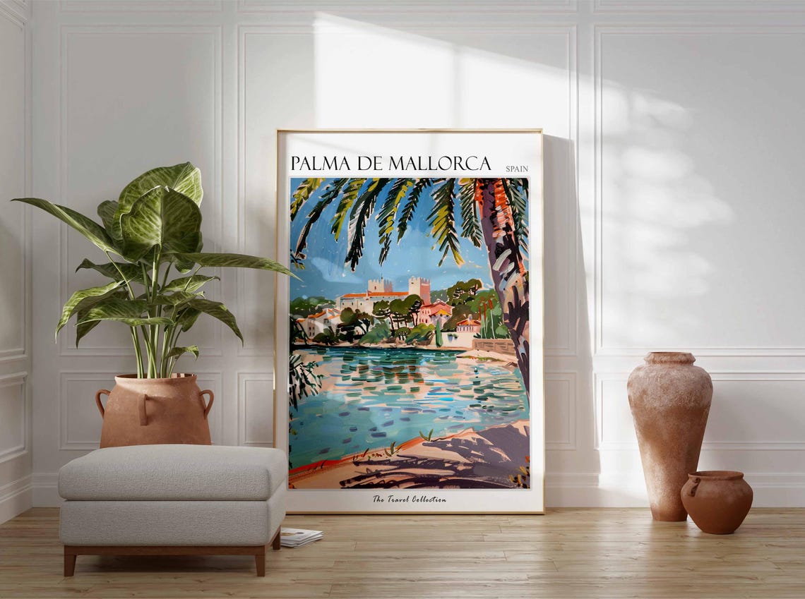 Palma de Mallorca Spain Coastal Castle and Palm Tree Art Poster - Image 2