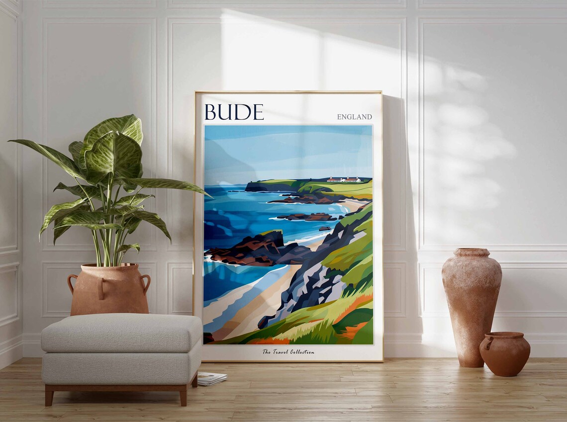 Bude England Rocky Cliffs Ocean Coastline Bold Travel Poster - Image 3