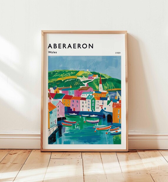 Aberaeron Wales 1989 Charming Harbour Town Waterfront Travel Poster