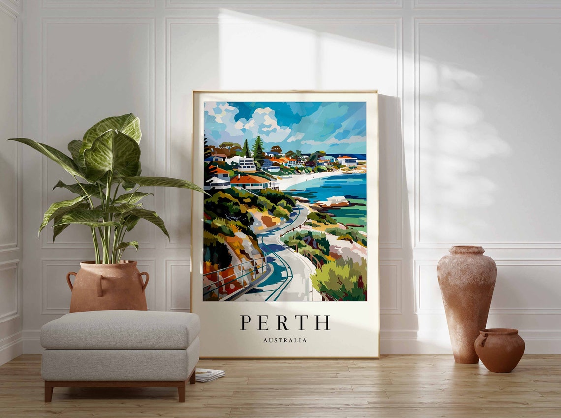 Perth Australia Vibrant Coastal Walk Beach Illustration Poster - Image 3