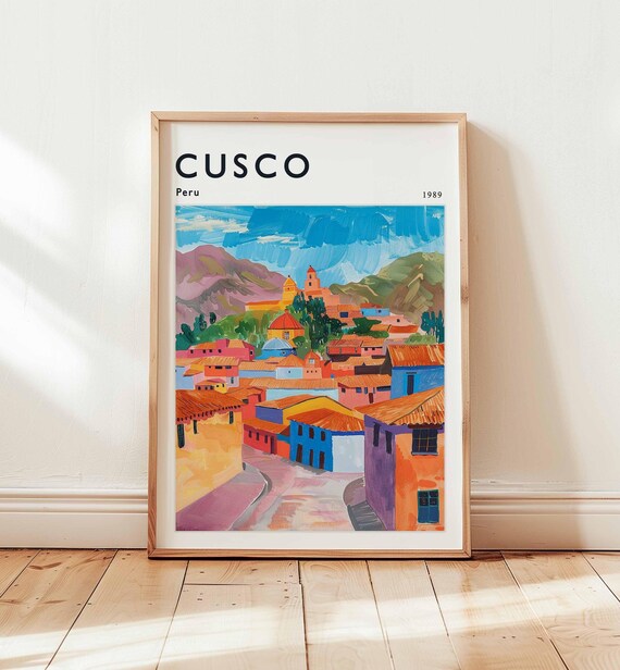 Cusco Peru Travel Poster 1989 Colorful Andean Town Painting Artwork