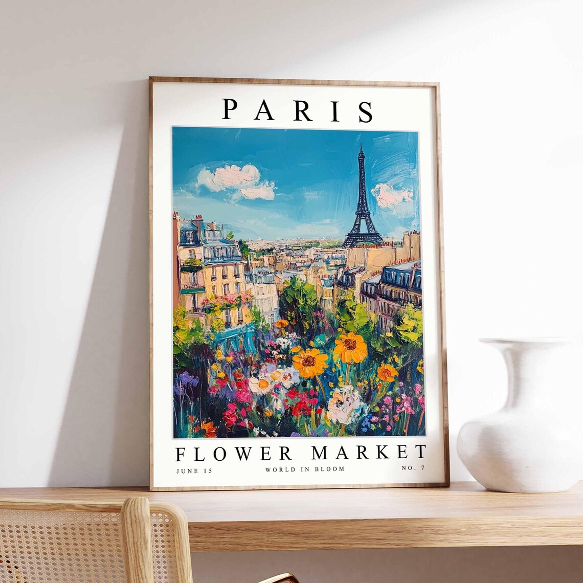 Paris Flower Market Eiffel Tower View Over Rooftops and Sunflower Poster