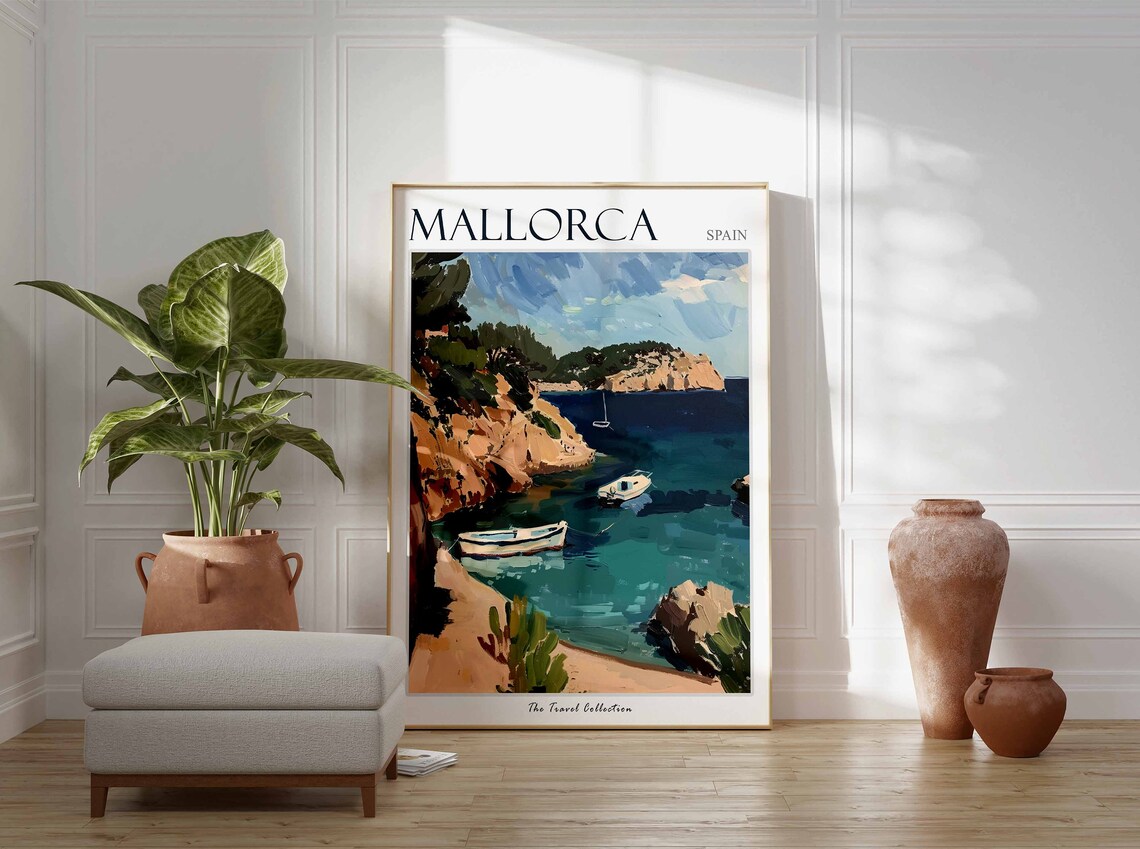 Mallorca Spain Rocky Cove Fishing Boats Turquoise Water Poster - Image 2