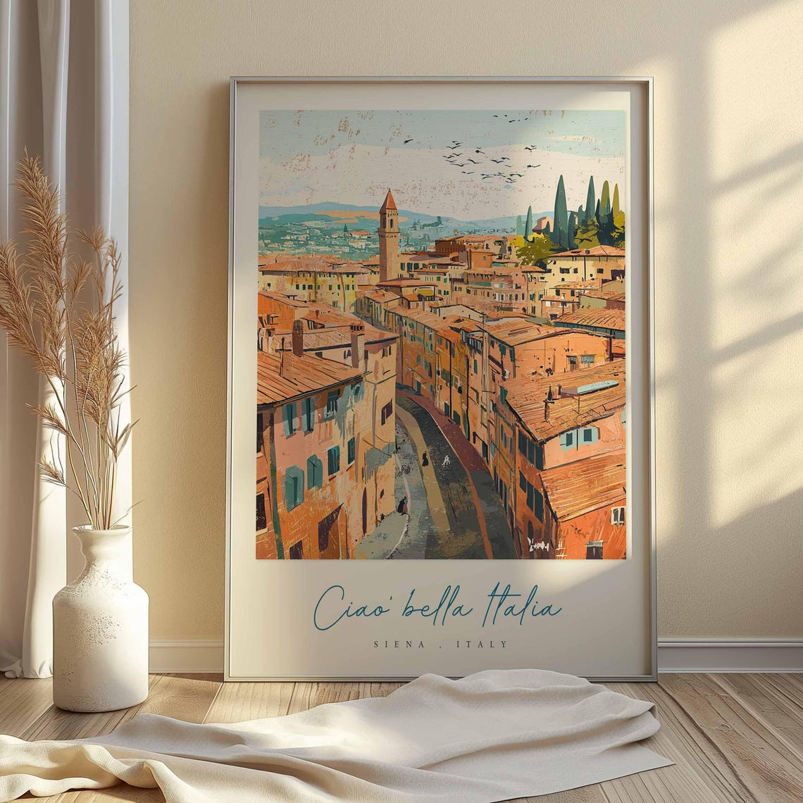 Siena Italy Vintage Rooftop Skyline With Birds Retro Travel Poster - Image 2