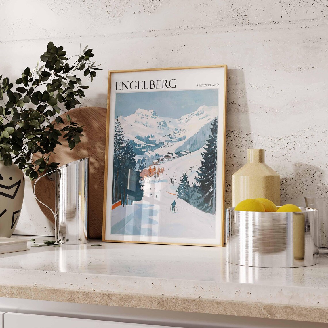 Engelberg Switzerland Skiers on Snowy Slope Alpine Ski Scene Poster - Image 2